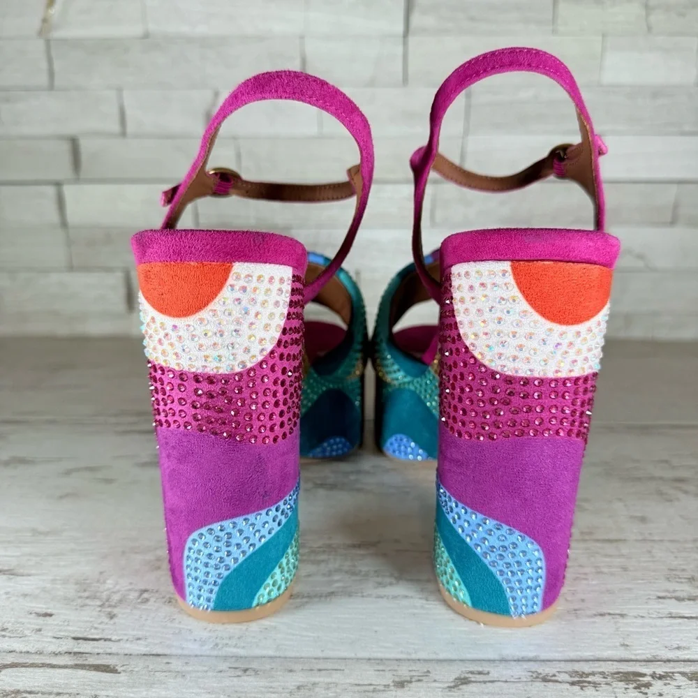 Kurt Geiger London Kensington Glitz Rainbow Rhinestone Platform Sandals SZ 40.5